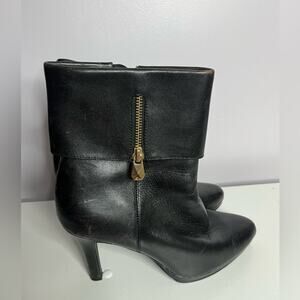 TAHARI GABE Leather Fold Over Ankle Boots Side Zip Black Heels Women's